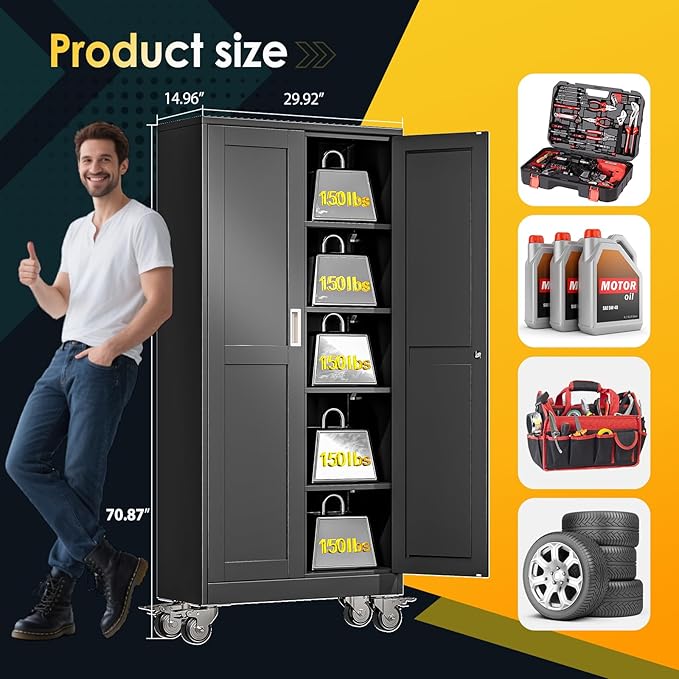 71''H Tall Metal Garage Storage Cabinet with Wheels,Steel File Cabinets with 2 Doors and 4 Adjustable Shelves for Home Office, Warehouse, Required Assembly,Black