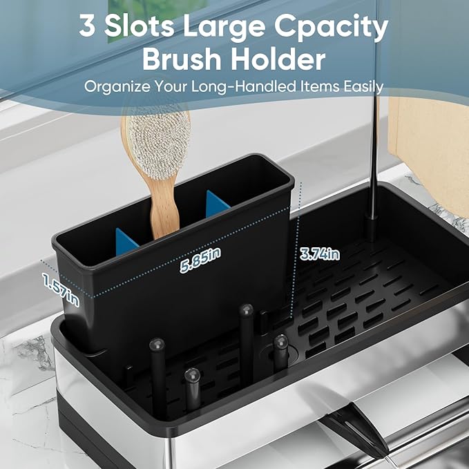 VUSIGN Sponge Holder for Kitchen Sink, Sink Caddy Organizer with Brush Holder, Rustproof Stainless, Self-Draining Sink Organizer for Countertop, Sponges, Brushes, Kitchen Decor and Accessories, Black