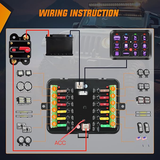 Nilight 12 Gang Switch Panel 12V 24V Universal Circuit Control Relay System with RGB Backlight Fuse Relay Wiring Harness Automatic Dimmable ON Off LED Switch Pod for Car Pickup Truck Camper SUV