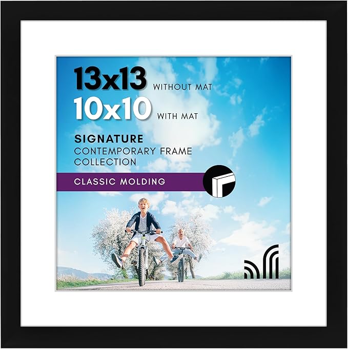 Americanflat 13x13 Picture Frame with Shatter-Resistant Glass - Use as 10x10 Frame with Mat or Display 13x13 Photo Without Mat - Signature Collection - Square Frames for Wall Display - Black