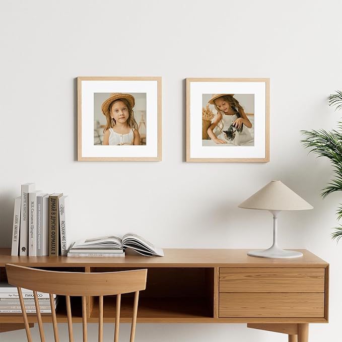 Vittanly 12x12 Picture Frame Set of 2, Solid Wood Frame for Wall Art Photo and Prints, Display Photo 8x8 with Mat or 12x12 without Mat, Natural