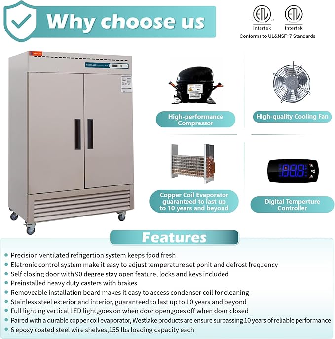 WESTLAKE 54"W Commercial Freezer 49 Cu.ft Stainless Steel Reach-in Solid Door Upright Fan Cooling 2 Door 2 Section Freezer for Restaurant, Bar, Shop, etc