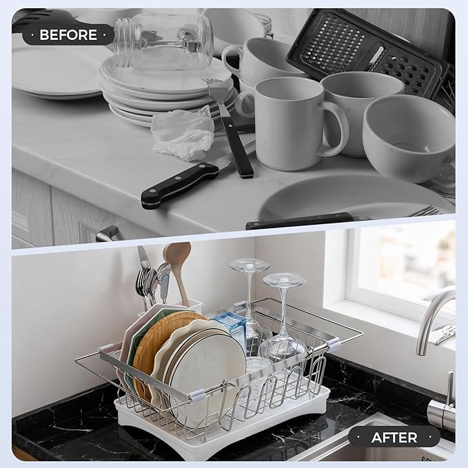 Expandable 2-in-1 Countertop & Sink Dish Drying Rack for Kitchen Counter, Stainless Steel Dish Drying Rack with Drain Board and Multi-Functional Kitchen Rack, Large Dish Rack Inside Sink