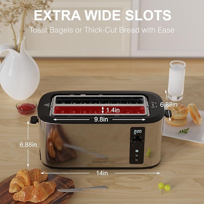 Toaster 4 Slice with Countdown Timer, Extra Wide Slots for Bagels and Waffles, 6 Browning Settings, Removable Crumb Tray, Stainless Steel