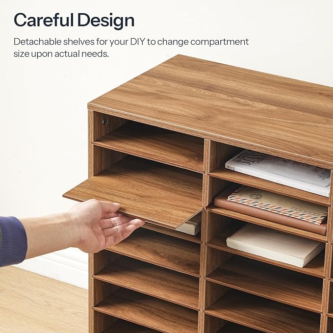 HOOBRO Literature Organizer, 27 Compartments Wooden Mail Organizer, Countertop Literature Sorter with Adjustable Shelves for Home, Office, School, Student Mailbox for Classroom, Walnut WL27WF01