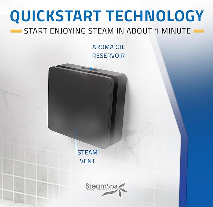 SteamSpa Steam System 4.5kW Steam Shower Generator with Bluetooth Wifi, Quickstart Continous Steam, Advanced Touch Pad Screen, Chroma Lights, Drain Pan and Auto Drain Black RVBS450BK-A
