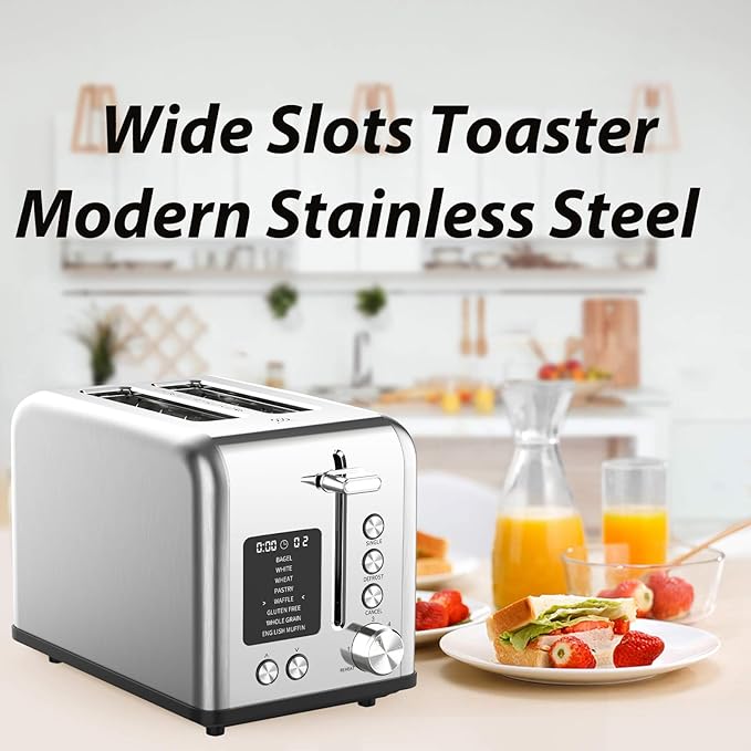 2-Slice Bagel Toaster Stainless Steel with Screen- Single Slice Function for Single-Sided Stuffed Bagel, 8 Bread Types, 6 Browning Levels, LED Countdown Timer, Defrost/Reheat/Cancel, 825W