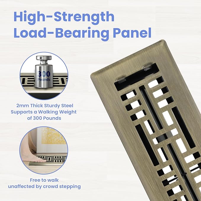 2x12 Inches 2 Pack Heavy Duty Walkable Floor Register Easy Adjust Air Supply Lever Floor Vents - Seattle Design - Vent Cover for Home Floor - Antique Brass