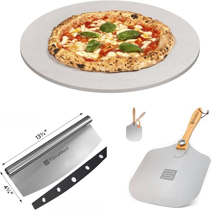 FibraMent-D Premium 3-Piece Pizza Stone Set Perfect for Home Ovens - 19" Round Pizza Stone, Peel & Rocker Pizza Cutter, Durable Baking Stone for Bread, Pastries Ranked 'BEST OVERALL PIZZA STONE'