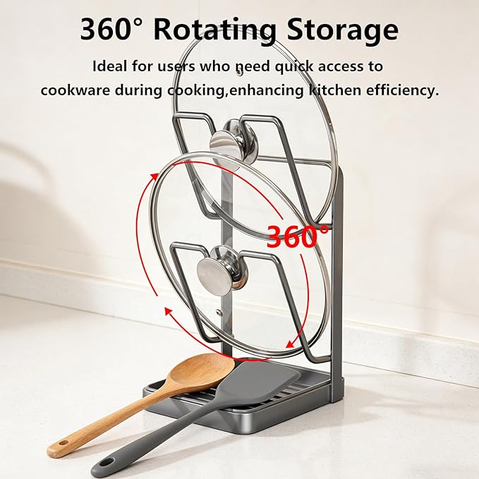 Kitchen Pot Lid Storage Rack, Pot Lid Holder with Tray, Lid Holder While Cooking, Multifunctional Kitchen Organizer Stand for Stove Top (Gray, Double-layer)