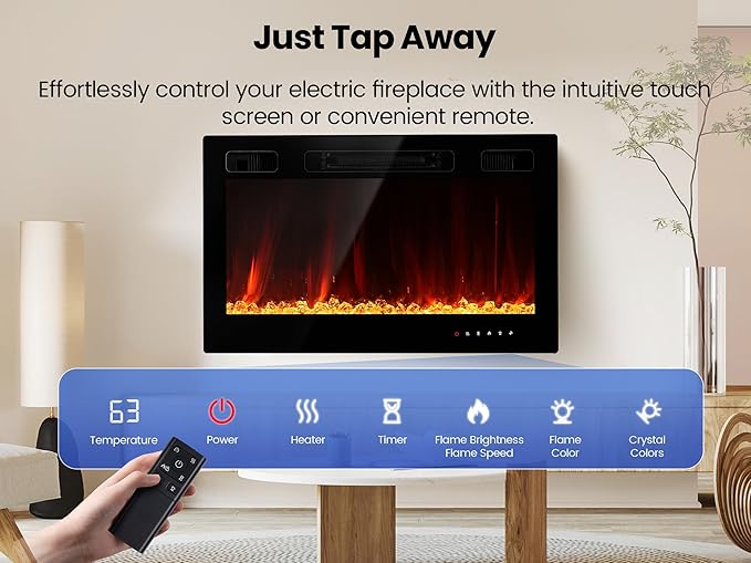 Electric Fireplace Insert 30" Realsmart 1500W Wall Mounted Fireplaces Recessed Heaters,Fit for 2 X 6 stub, Remote Control Slim Black Fireplace Touch Screen Timer 12 Flame Colors LED Decor Low Noise