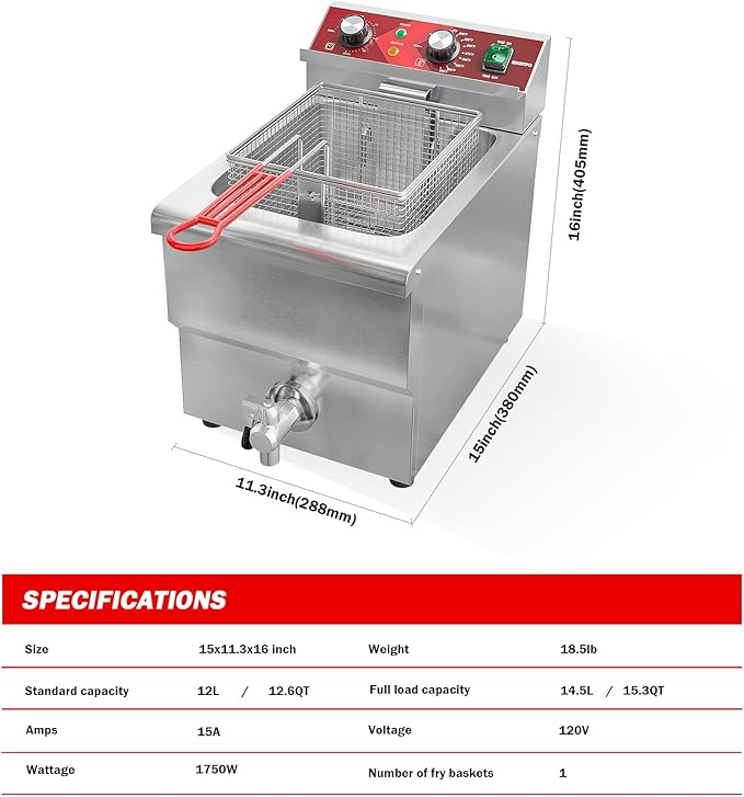 EGGKITPO Deep Fryer 12L Large Electric Fryer with Oil Drain and Timer Deep Fryer with Basket and Lid Stainless Steel Countertop fryer Commercial Fryer for Restaurant and Home Kitchen 120V 1750W