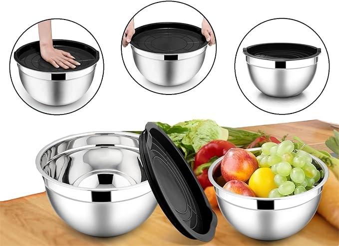 Stainless Steel 304 Mixing Bowls with Airtight Lids, Set of 3 Large Medium Small 1.5L 2L 3L (1.6QT 2.1QT 3.2QT) Food-Grade Metal Nesting Salad Bowls - Rust-Resistant, Dishwasher Freezer Safe