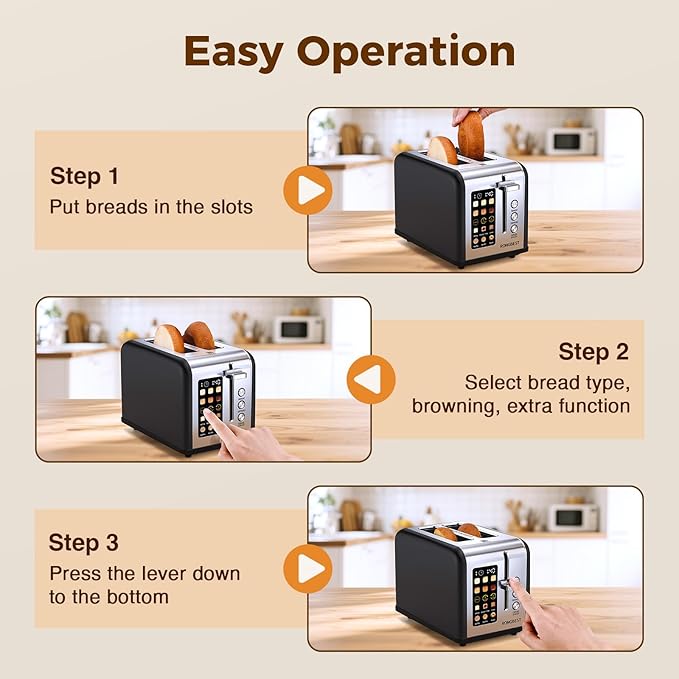 2 Slice Easy Touch Screen Toaster, Stainless Steel Toaster with Wide Slots, Even Toasting for Bagels & Bread, Reheat & Defrost, Removable Crumb Tray, Matt Black