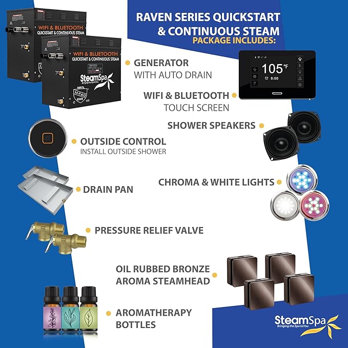 SteamSpa Steam System 21kW Steam Shower Generator with Bluetooth Wifi, Quickstart Continous Steam, Advanced Touch Pad Screen, Chroma Lights, Drain Pan and Auto Drain Oil Rubbed Bronze RVBS2100ORB-A