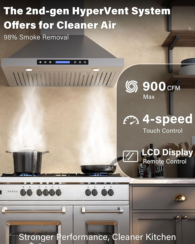 36 inch Stainless Steel Wall Mount Range Hood - 900 CFM, Ultra-Quiet 4-Speed Vent, Touch/Remote Control LCD, LED Lights, Ducted/Ductless Convertible