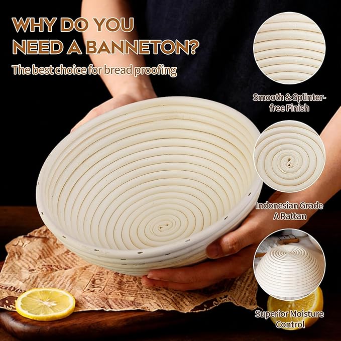 Banneton Proofing Basket for Sourdough Bread, Handmade & Natural Rattan - Round Dough Rising Basket for Baking - Perfect for Artisan Breads (Round of 2 Gift Set)