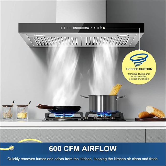 Wall Mount Range Hood 30 inch 600 CFM T Shape with Gesture & Touch Control, Kitchen Vent Hood Ducted/Ductless Convertible, Exhaust Fan 3-speed Stove Hood, Baffle Grease Filter, Stainless Steel