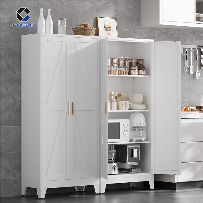 COFaR Metal Storage Cabinet, 61 in Tall Metal Cabinet with 3 Adjustable Shelves and Barn Doors, Farmhouse Cupboard Storage for Kitchen Pantry Garage Laundry, 4-Tier White