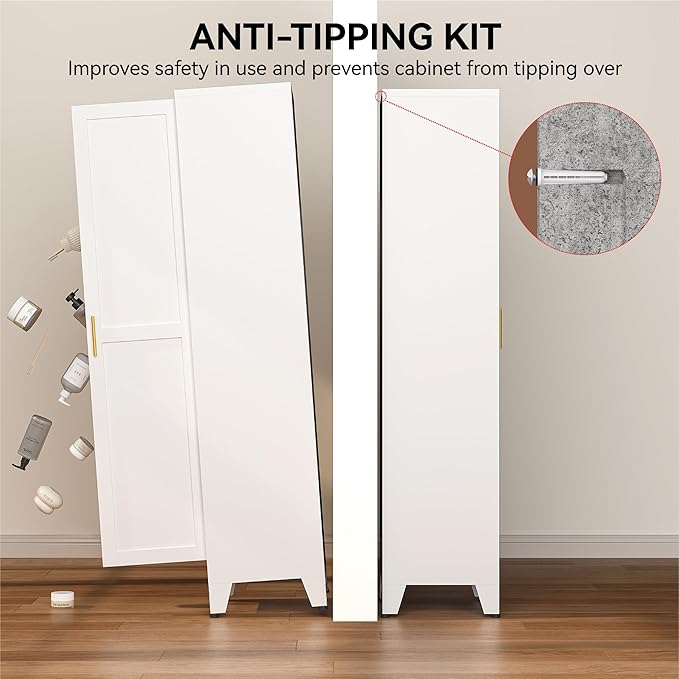 COFaR 67" Tall Pantry Cabinet, White Storage Cabinet with Magnetic Door & 4 Adjustable Shelves, Slim Freestanding Cupboard for Kitchen, Bathroom, Living Room