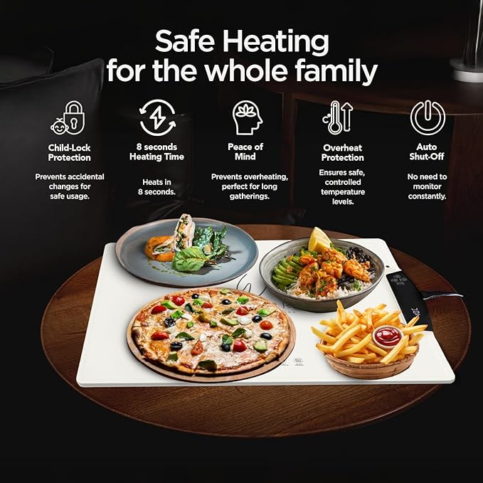 Food Warming Mat - 9 Temp Settings, Rapid Full Surface Heating, Child-Lock, 2-12H Timer, Auto Off, Dual Display - Perfect for Parties, Buffets, Everyday Use - Eco-Friendly Tray (Cream)