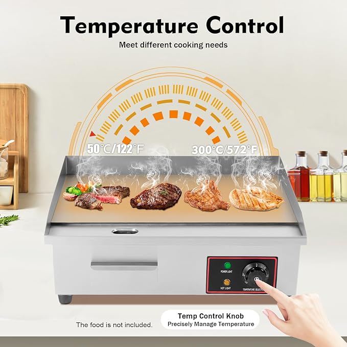 22" Commercial Electric Griddle, 110V 1600W Electric Stove Countertop Flat Top Grill Non-Stick Stainless Steel Teppanyaki Grill with Plug, Adjustable Temperature Control 122°F-572°F