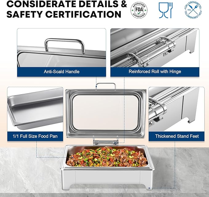 Electric Chafing Dish Buffet Server Set, Stainless Steel Full Size & Half-Size &Three-Section Food Pan with Temp Control, Roll Top Stainless Steel Food Warmers for Catering Buffet (A-01)
