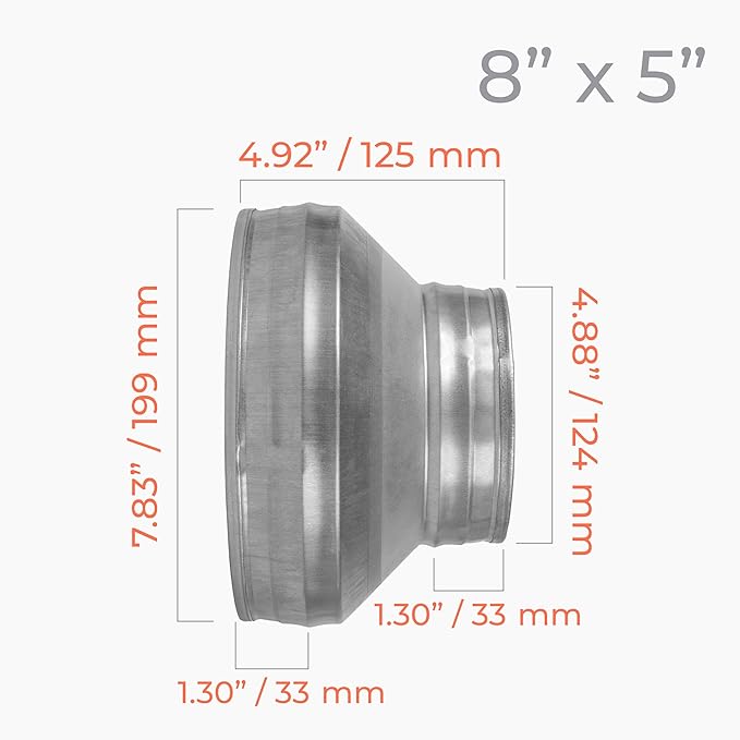 8" to 5" Inch Round Duct Reducer - Male Fit Galvanized Steel Pipe Increaser - Coupling for Round Duct Ventilation Systems - Heating & Cooling HVAC - Vent Pipe Adapter, Duct Connector