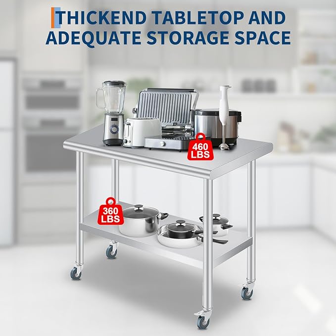  Stainless Steel Prep Table, 24 x 48 Inches Heavy Duty Commercial , with Rounded-Corner, Adjustable Undershelf and 4 Caster Wheels, Heavy Duty Work Table with Adjustable Under Shelf for Outdoor, Res