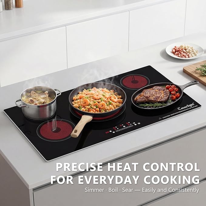 36″ Built-In Electric Cooktop – 5 Burner Ceramic Glass Stove, 9200W High Power, Precise Touch Control, 9 Heat Levels, Child Lock, Timer & Residual Heat Indicator, 220–240V Hard-Wired