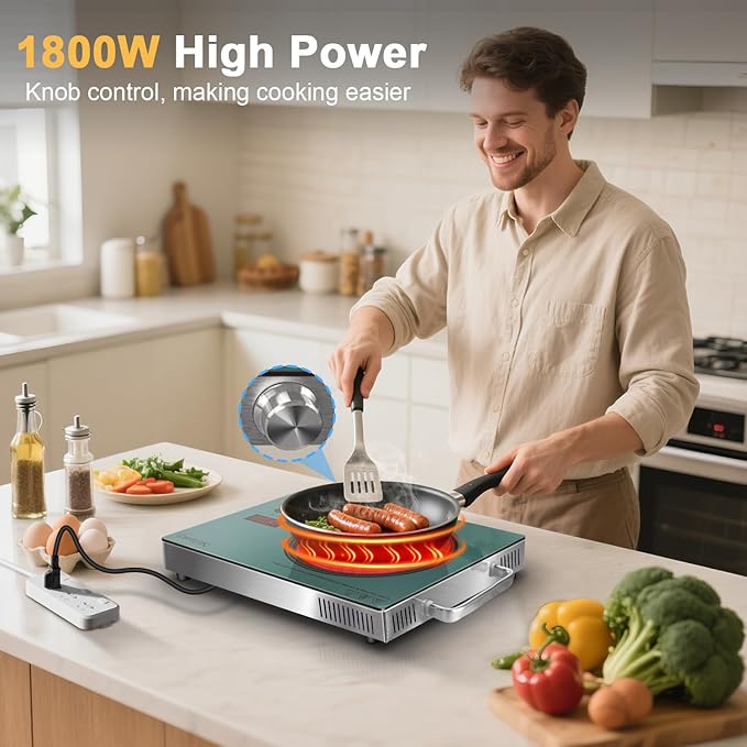Single Burner Electric Cooktop 1800W, One Burner Electric Stove 110V, Countertop Electrics Burner with Knob & Touch Control, 180Mins Timer, 3 Cooking Mode & Safety Lock, 110V Plug in(Green)