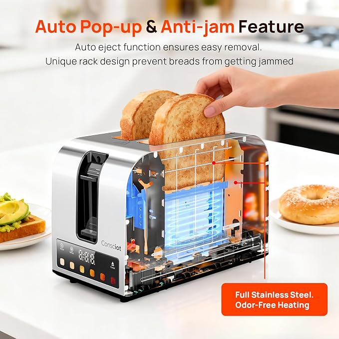 2 Slice Toaster, Consciot Smart Touchscreen Toaster with 6 Browning Levels, Reheat/Defrost/Cancel Functions, Extra-Wide Slots, Removable Crumb Tray, Auto Pop-up & Anti Jam, Peak 925W, Stainless Steel