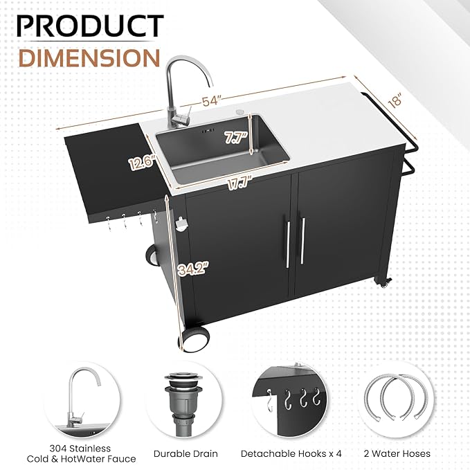 Grill Table with Sink, Outdoor Stainless Steel Kitchen Island Cabinets Sink Station with Hose Hook up & Lockable Casters, Rolling BBQ Table for Backyard