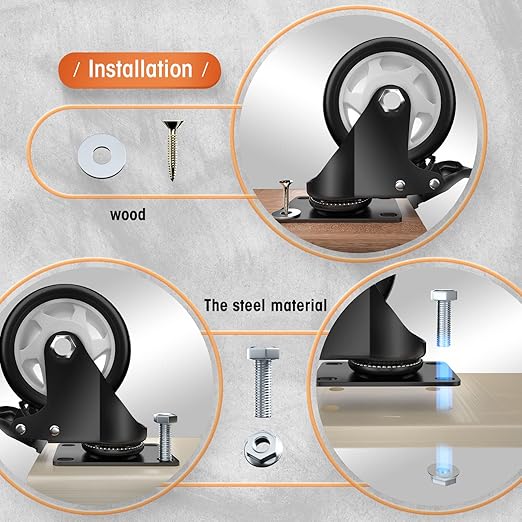 4" Caster Wheels, Casters Set of 4 Heavy Duty - ASRINIEY Black Polyurethane Castors, Top Plate Swivel Wheels, 4-Pack Industrial Casters with Brake, Locking Caster for Furniture and Workbench