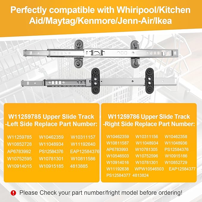 Upgraded W11259785 (Left) W11259786 (Right) Dishwasher Dishrack Slide Track, Compatible With Whirlpool, KitchenAid, Kenmore, Maytag Dishwasher