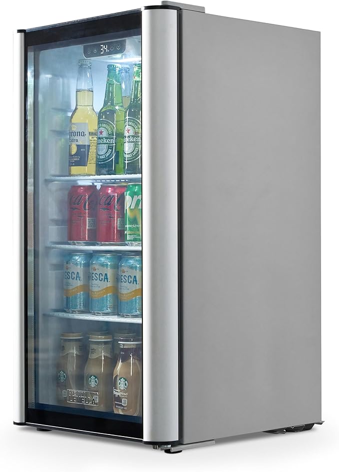PremiumLevella PRF36DX Glass Door Display Refrigerator 3.1 cu ft Commercial Beverage Cooler Merchandiser - Silver