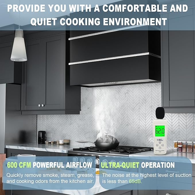 Akicon Range Hood 36 Inch, Stainless Steel Ducted Kitchen Hood with Powerful Motor, Wall Mount Modern Box, 36W X 30H X 14D Inch, AK-HS36HA-JBN (Jet Black with Nickel)