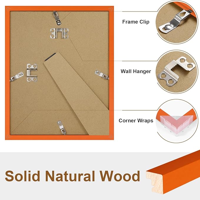 Vittanly 8x10 Picture Frame, Solid Wood Frame with Plexiglass, Includes 5x7 Mat, Wall Hanging or Tabletop for Home Decor, Orange, 1 Pack