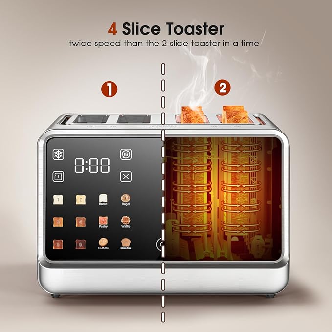 4 Slice Toaster Wide Slot– Dual Digital TouchScreen & Independent Control Panel | Single-Slice Modes/Reheat/Defrost | 1800W Stainless Steel Toaster for Bagels & Artisan Bread