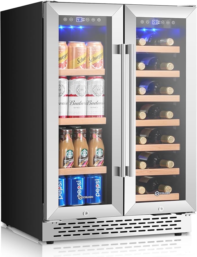 Wine and Beverage Refrigerator, 24 Inch Dual Zone Wine Cooler Refrigerator with Glass Door&Lock Quiet Compressor, Freestanding/Under Counter Beverage Fridge Holds 20 Bottles & 88 Cans for Office/Home