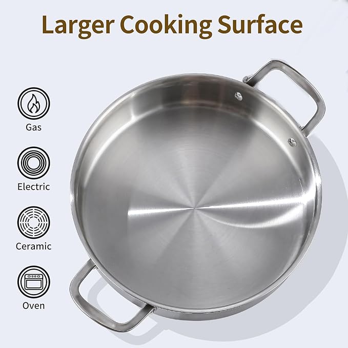 DELARLO Tri-Ply Stainless Steel 8 Quart Braiser Pan with Lid Induction Rondeau Pot With Lid 13inch Deep Frying Pan Large Saute Pan Heavy Duty Style Compatible With All Cooktops Up to 650℉