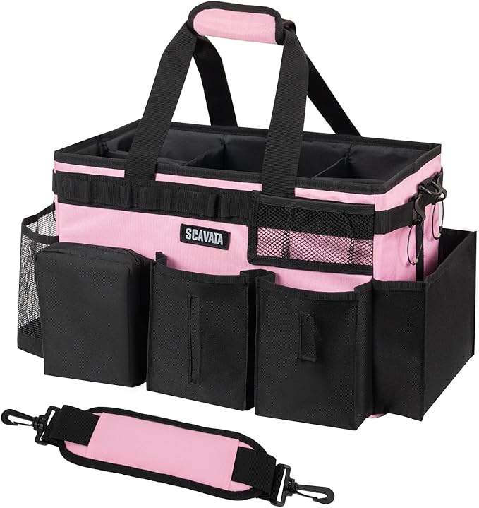 Wearable Cleaning Caddy Bag, Cleaning Caddy Supplies Organizer with Handle & Shoulder Straps for Housekeepers, Under Sink & Car Cleaning Tool Organizers with 4 Foldable Divider (SweetPink)