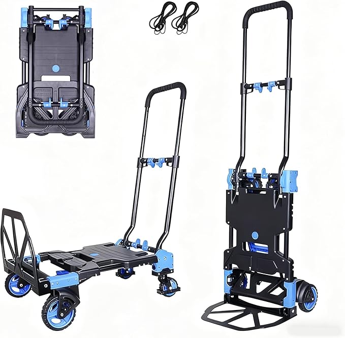Folding Hand Truck Dolly Capacity Collapsible Heavy Duty Utility Cart with Adjustable Handle Convertible Trolley for Luggage Moving Camping Home Office (Blue, 65cm*46cm*92cm)
