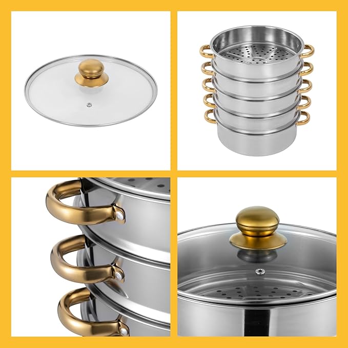 Steamer 26*42cm/10.24*16.54in, 5-tier Stainless Steel Steam Cooker w/ Clear Lid & Gold Anti-scald Handles, Home Stackable Multipurpose Steam Pot for All Hobs (1x1.32Gal Bottom Pan, 4xSteamer Baskets)