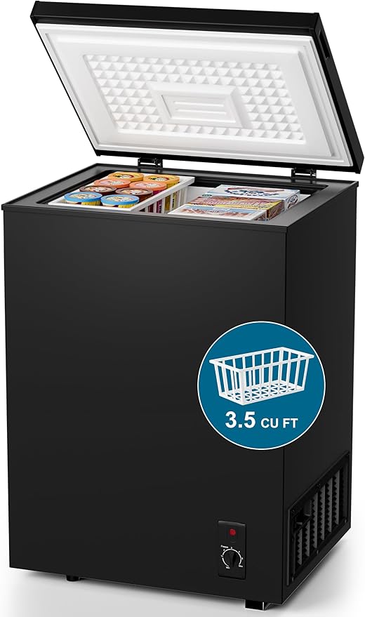 3.5 Cu.Ft Compact Chest Freezer, Energy Saving (0.36kWh/24H) & Ultra-Quiet (<40dB), with Removable Basket, 6-Temp, Manual Defrost Drain, Top Open Door Deep Freezer for Apartment, Dorm, Kitchen, Black