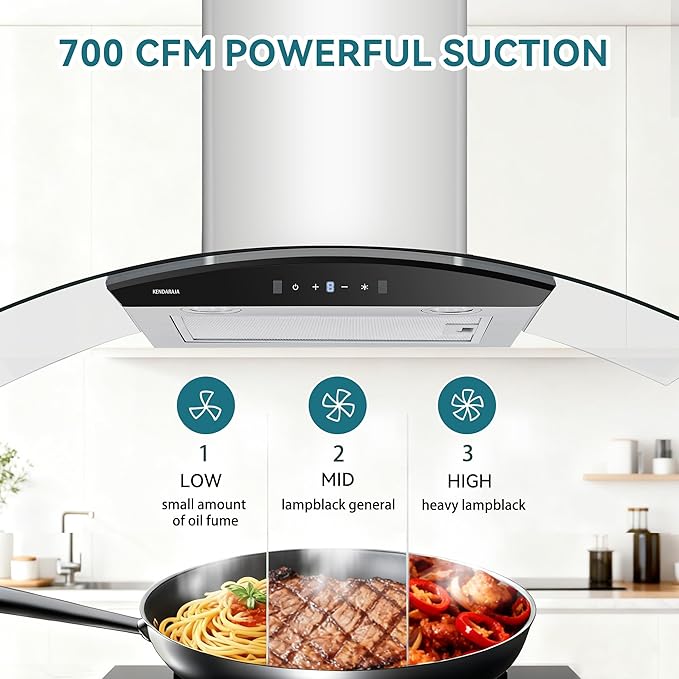 36 Inch Wall Mount Range Hood 700 CFM Ducted Vent Hood, Tempered Glass & Stainless Steel Filters - Gesture Sensing & Touch Control, 3-Speed, 2 LED Lights (Black Panel)
