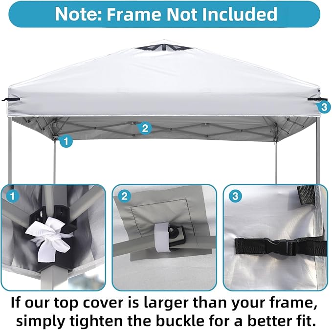 10x10 Canopy Replacement Top Cover with Air Vents for Pop up Canopy Gazebo Tent, with Adjustable Strap, Waterproof & Anti-UV for Outdoor Shade (Frame Not Included) (White)