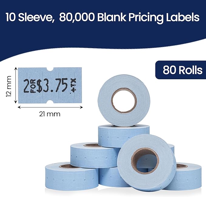 Perco 1 Line Blue Labels - 80 Rolls, 10 Sleeves, 80,000 Blank Price and Date Gun Labels for Perco Lite, X, Plus and Pro 1 Line Price and Date Guns - Made in USA