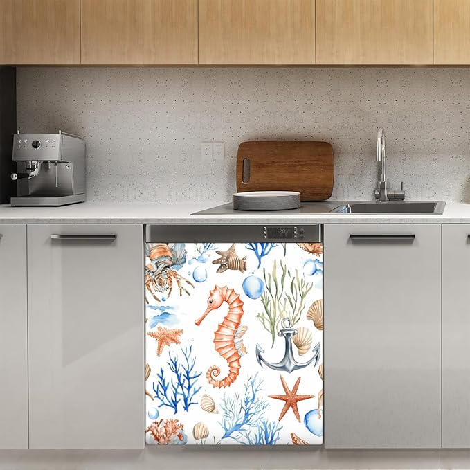 Dishwasher Magnet Cover Sea Ocean Anchor Seahorse Coral Reusable Dishwasher Magnetic Cover Sticker Decorative Dish Washer Door Cover Panel for Home Kitcen Appliance