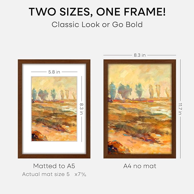 Homeforia A4 Picture Frame Brown Wood, High-End Dark Oak 8.3 x 11.7 Poster Walnut Frames Matted to 5.8 by 8.3 inch Photo, A4 Size Wooden Frame with Mat for A5 Print, Tempered Glass, Wall Kit, Set of 2